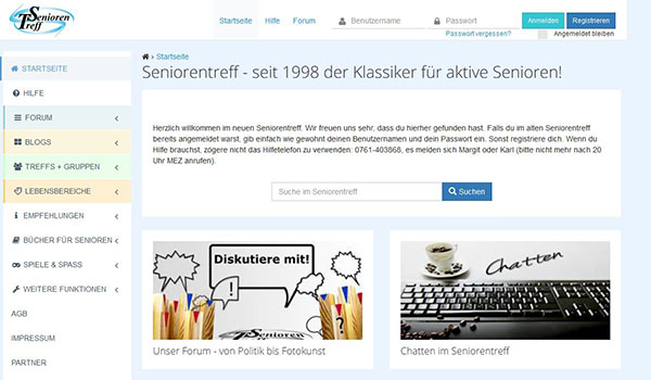 Screenshot der Social Media Plattform Seniorenportal.de