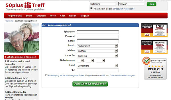 Screenshot des Partnerportals "50plus-treff.de" 